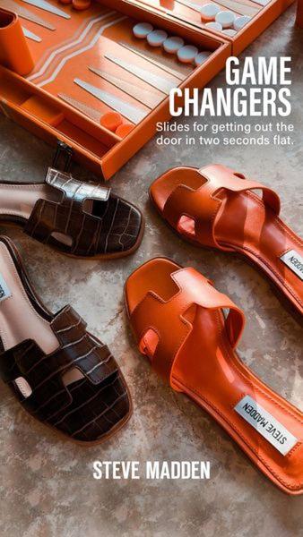 slides, sandals, slip on shoes, pool slides, shower shoes, summer footwear, casual slides, product launch, flat lay, bold, orange, brown
